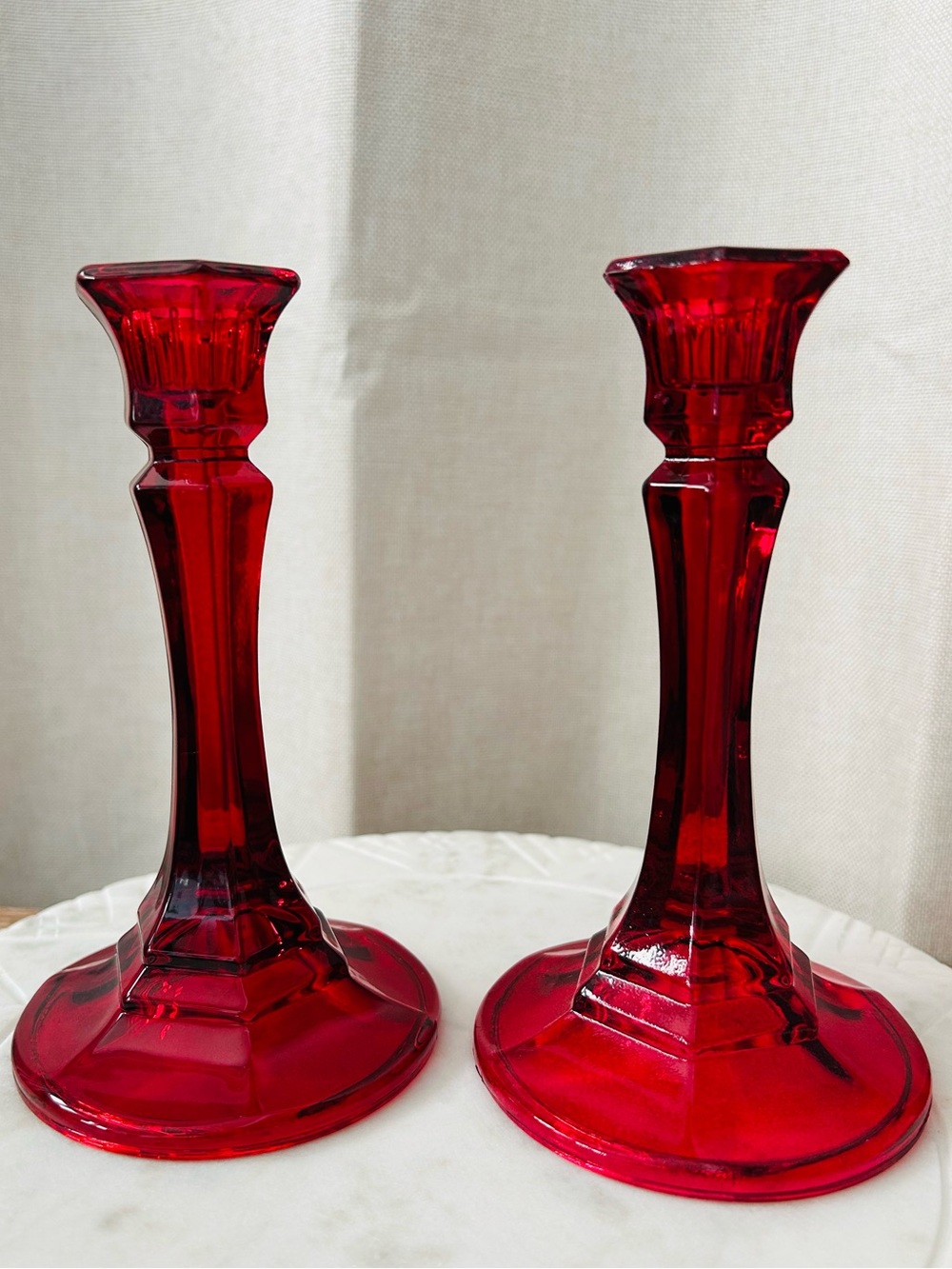 Indiana Glass Ruby Red Glass Candlesticks - Pair 6” tall